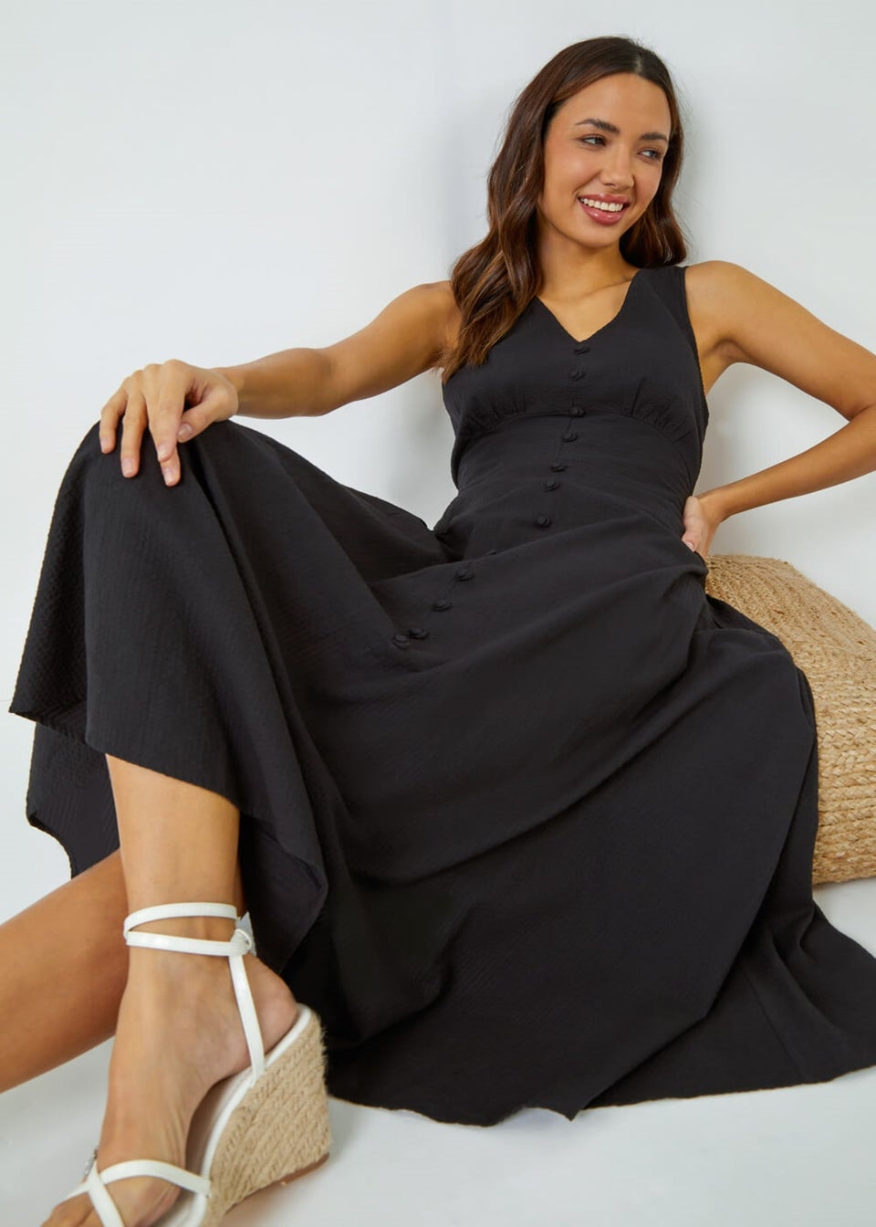 Roman Black Sleeveless Button Detail Cotton Midi Dress