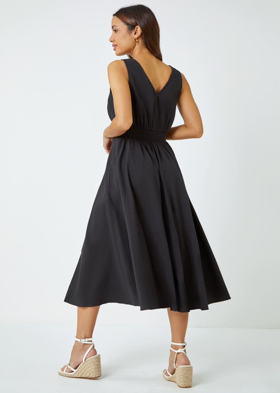 Roman Black Sleeveless Button Detail Cotton Midi Dress