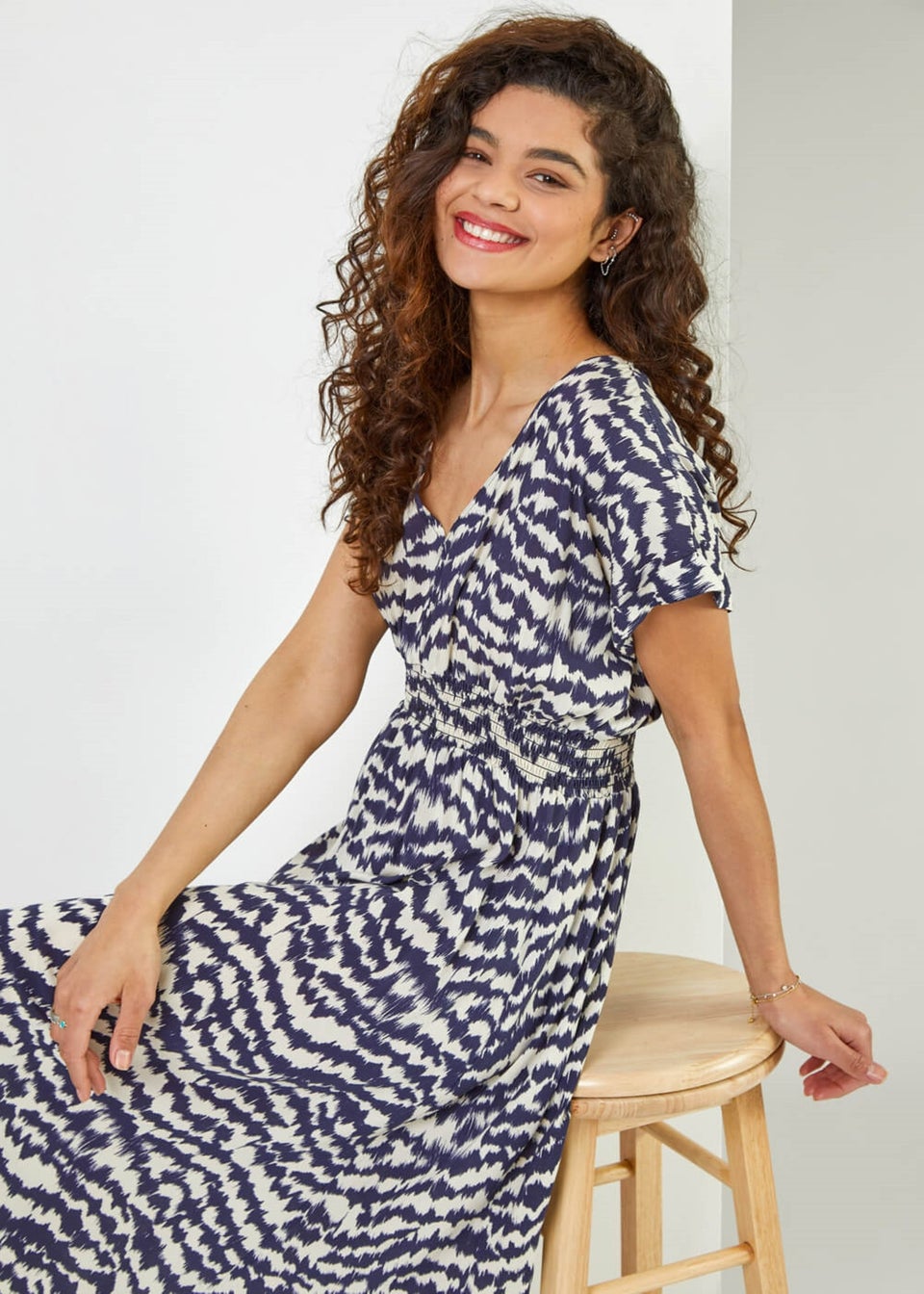 Roman Navy Abstract Print Fit & Flare Dress