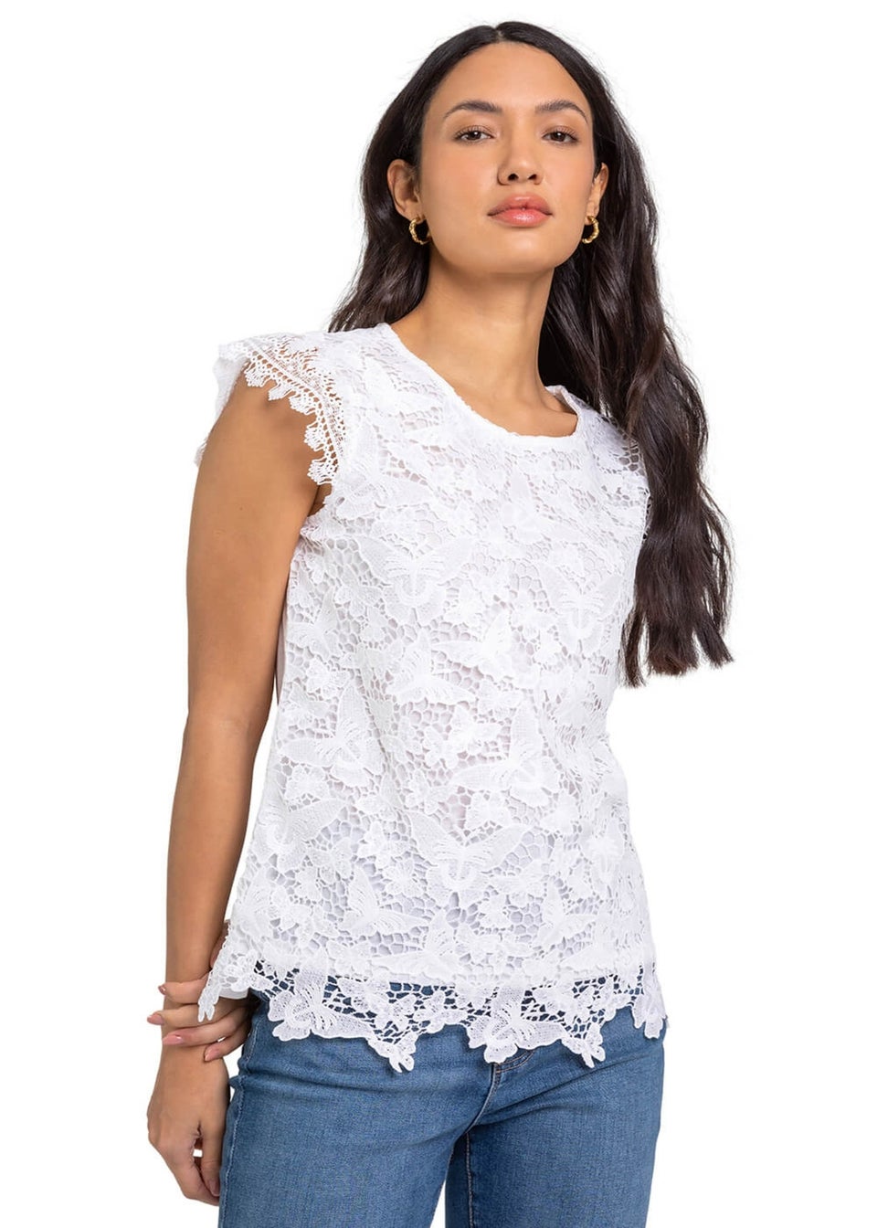 Roman Ivory Butterfly Lace Stretch Top