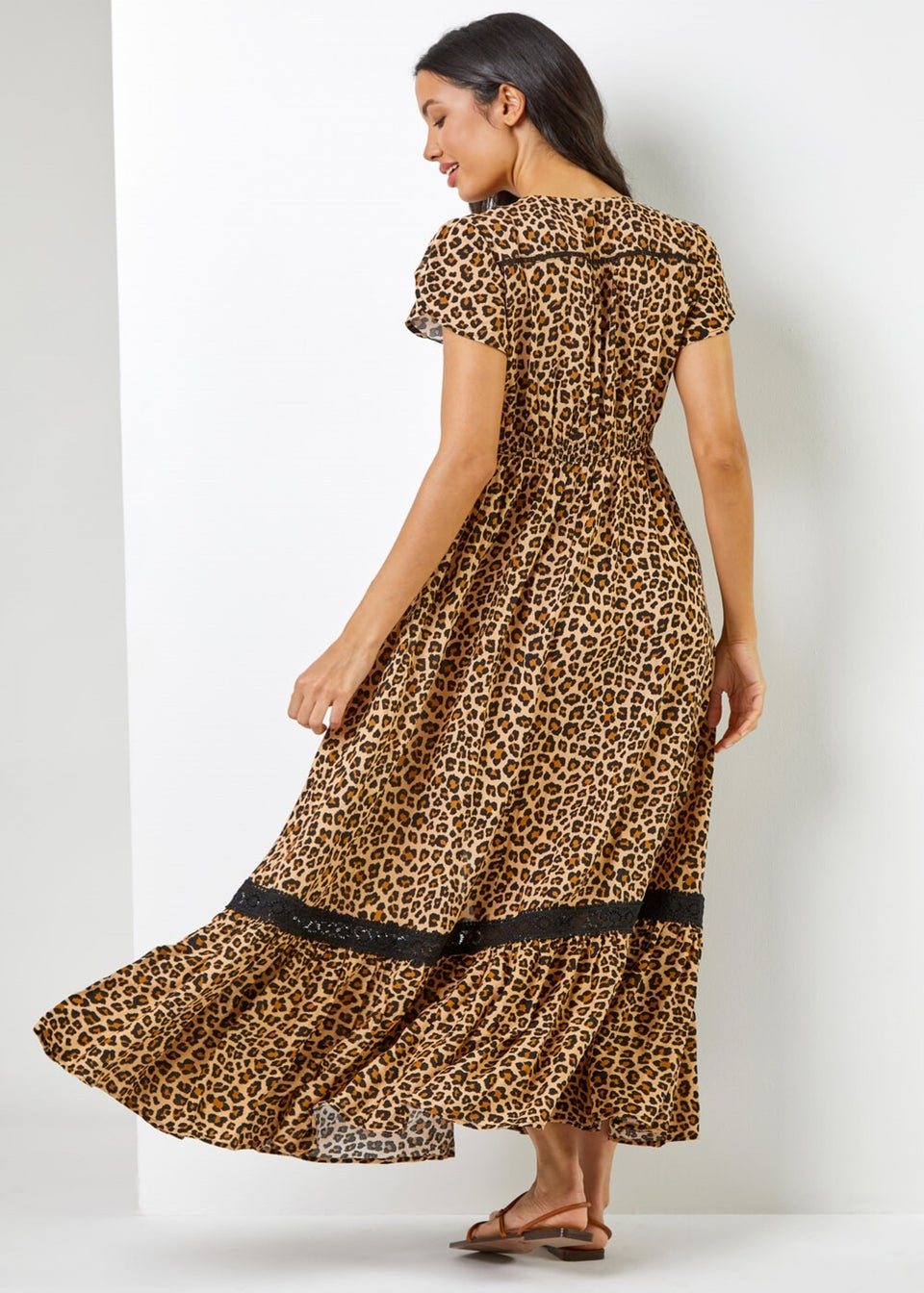 Roman Camel Animal Print Shirred Waist Maxi Dress