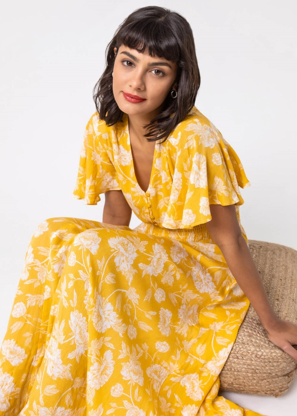 Roman Bright Yellow Floral Print Tiered Midi Dress