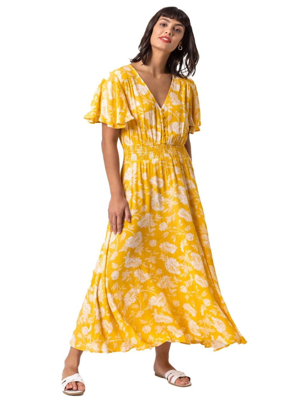 Roman Bright Yellow Floral Print Tiered Midi Dress