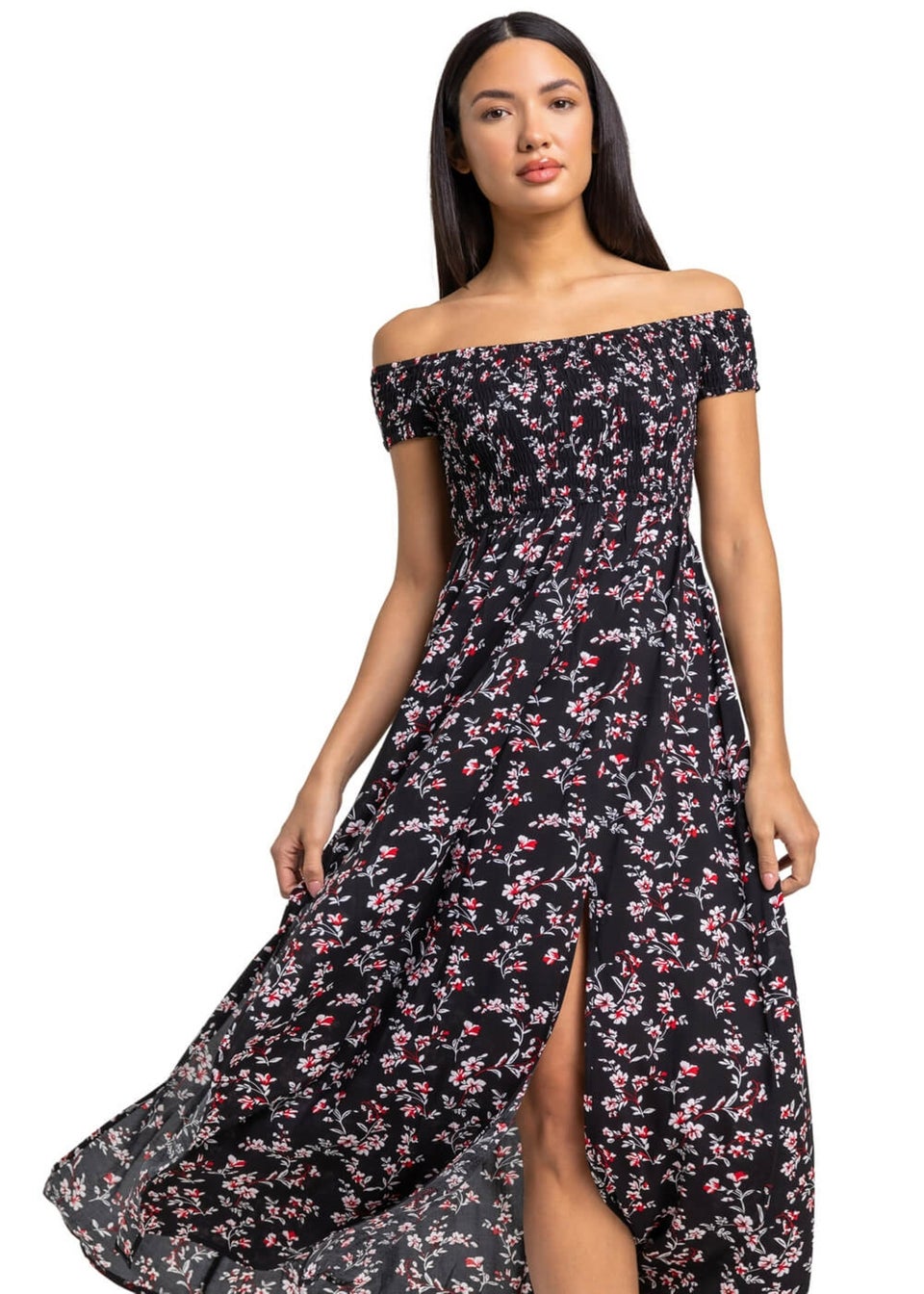 Roman Black Shirred Floral Print Bardot Dress