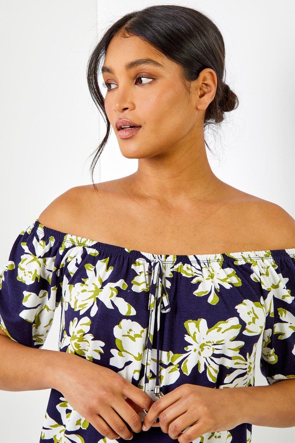 Roman Navy Floral Print Stretch Bardot Top