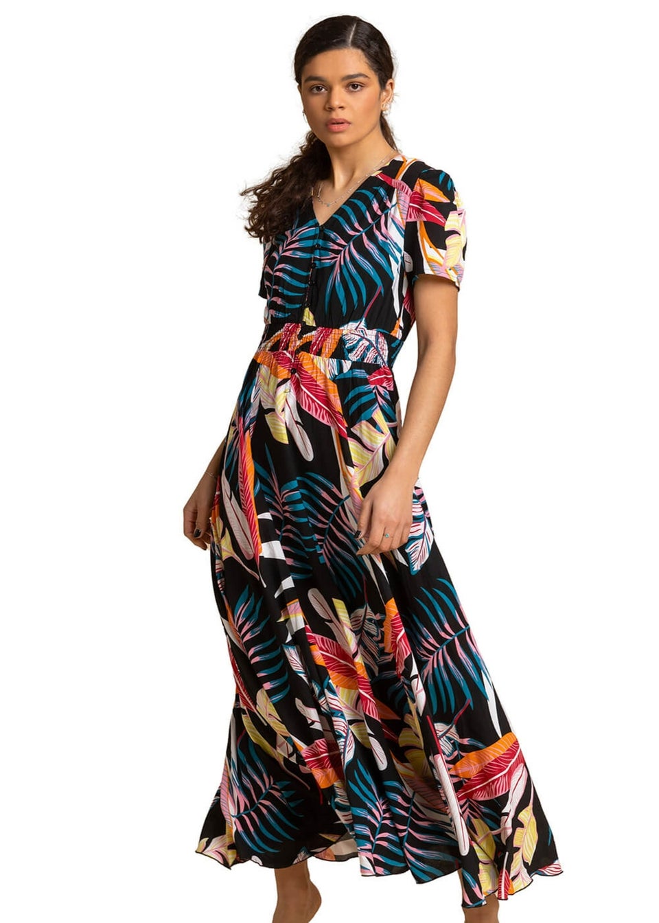 Roman Black Tropical Palm Shirred Waist Maxi Dress