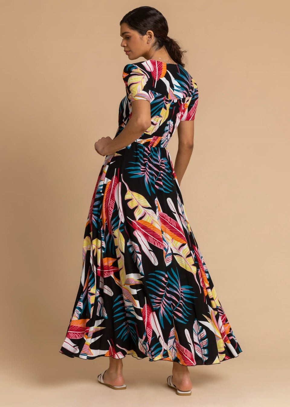 Roman Black Tropical Palm Shirred Waist Maxi Dress