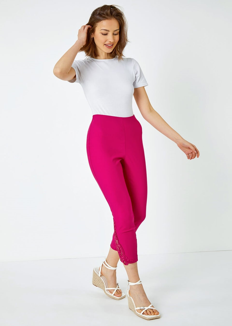 Roman Pink Lace Insert Crop Stretch Trousers