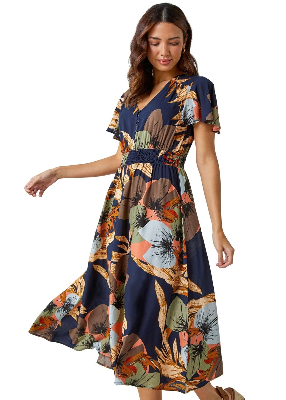 Roman Navy Angel Sleeve Floral Print Midi Dress