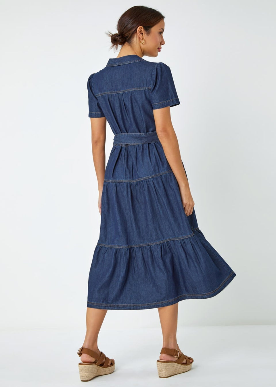 Roman Blue Denim Tiered Cotton Midi Dress