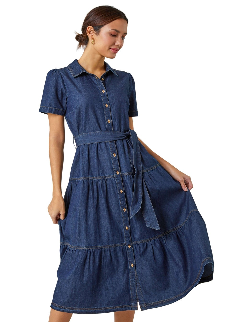 Roman Blue Denim Tiered Cotton Midi Dress