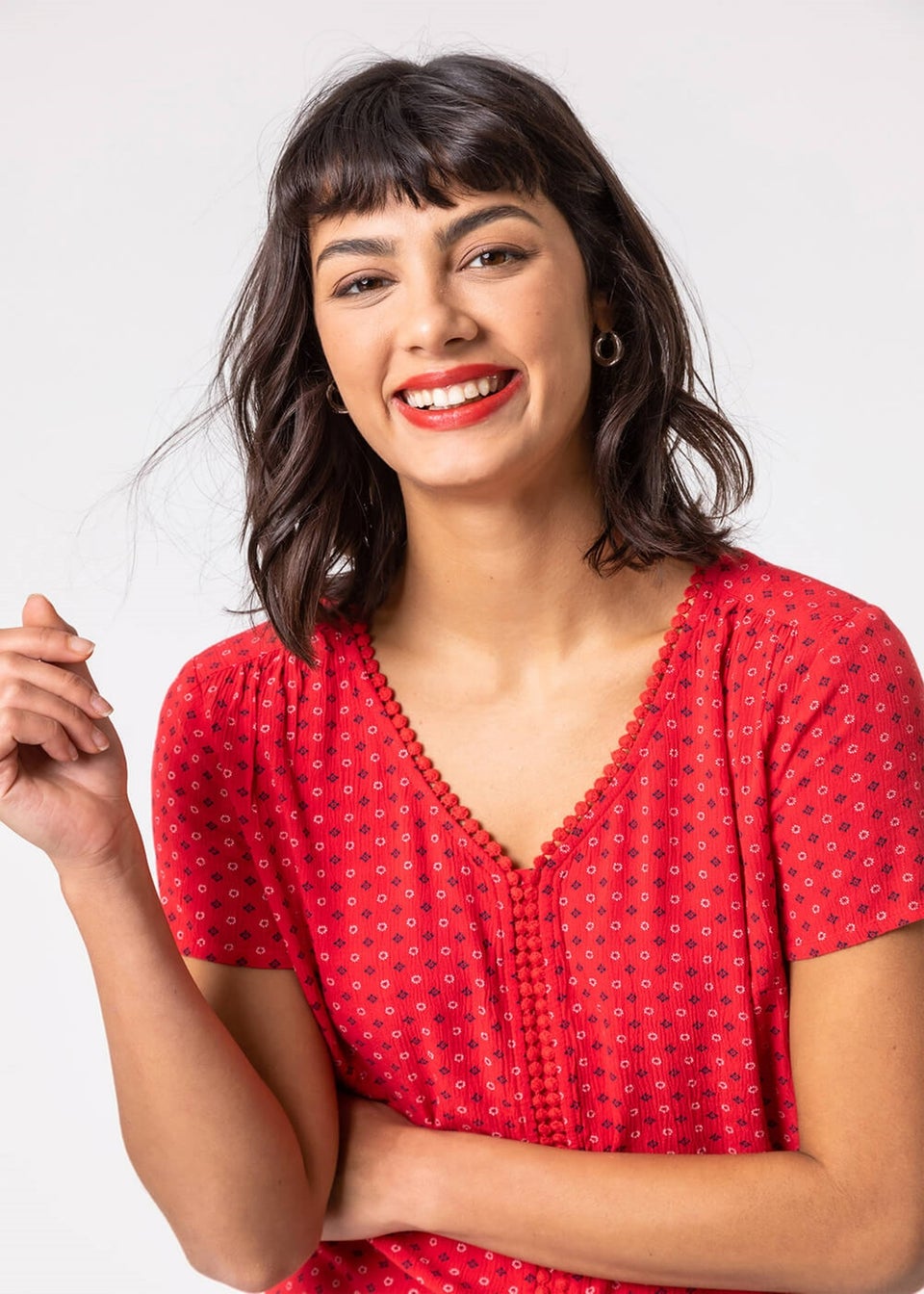 Roman Red Ditsy Embroidered Trim Detail Top