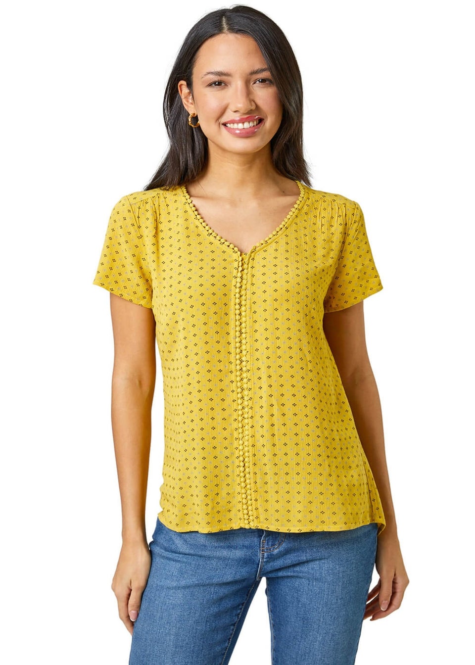 Roman Yellow Ditsy Embroidered Trim Detail Top