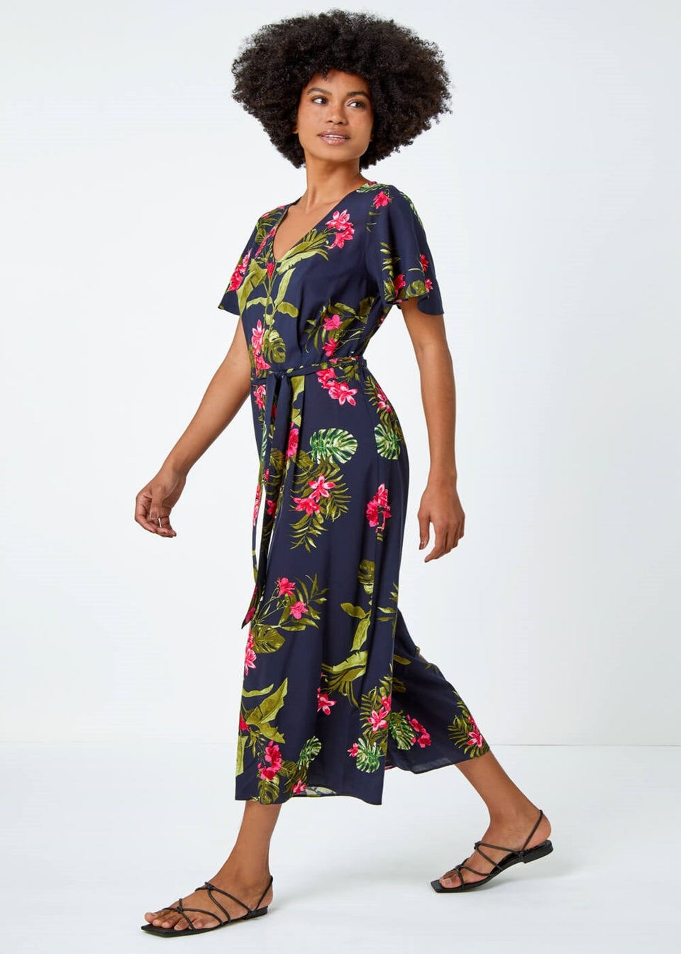 Roman Navy Tropical Print Belted Jumpsuit