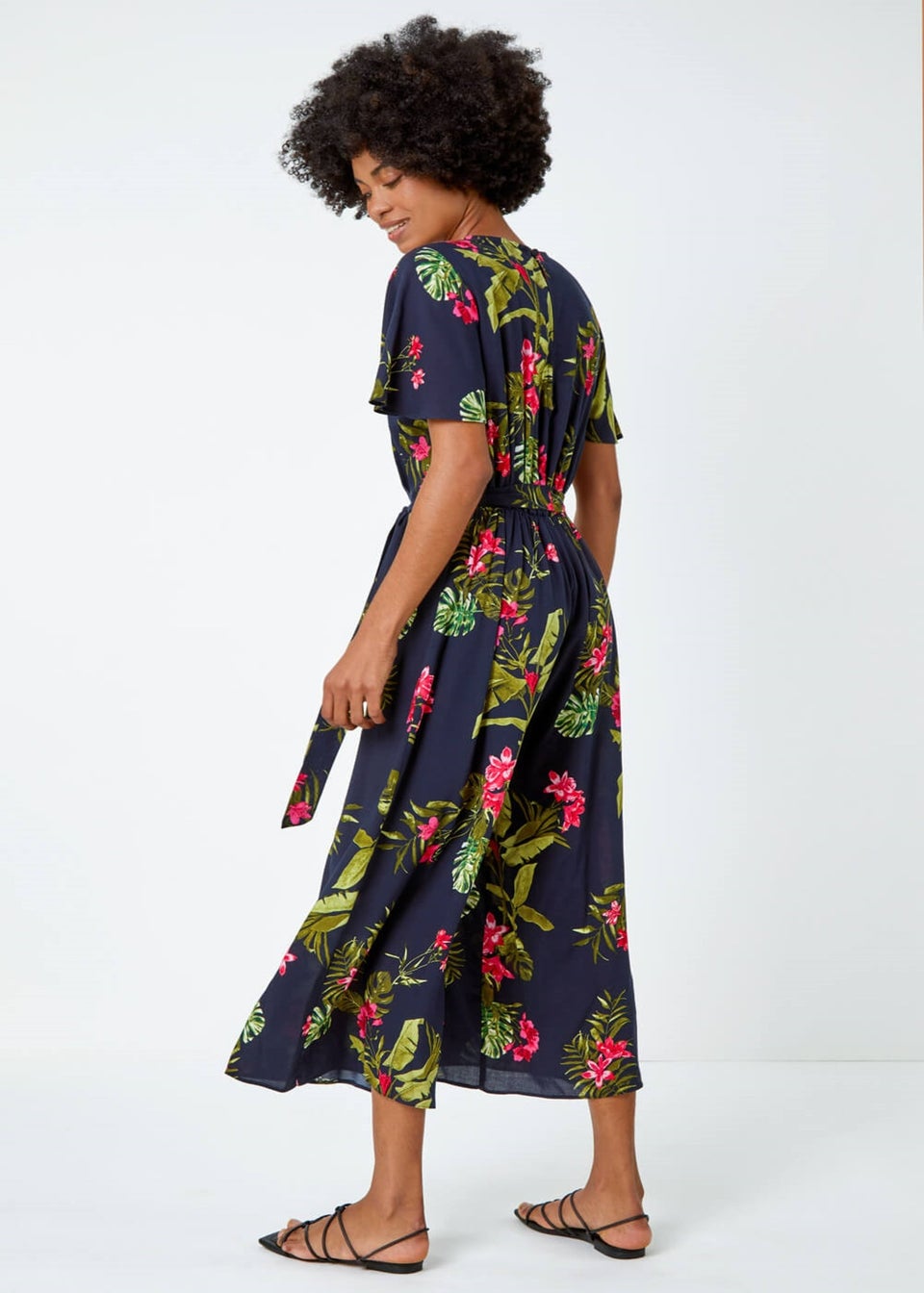 Roman Navy Tropical Print Belted Jumpsuit