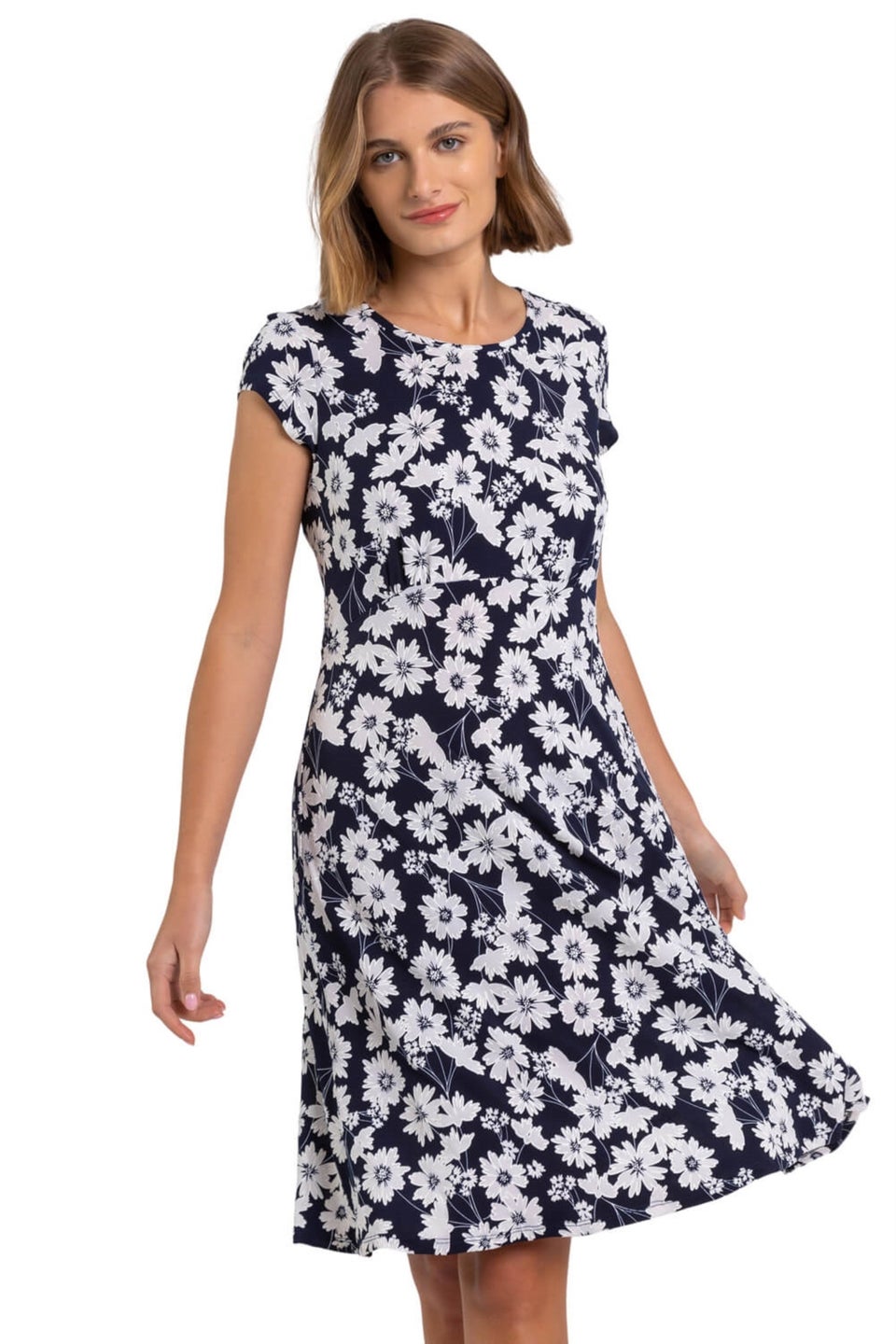 Roman Navy Floral Print Stretch Jersey Tea Dress Matalan