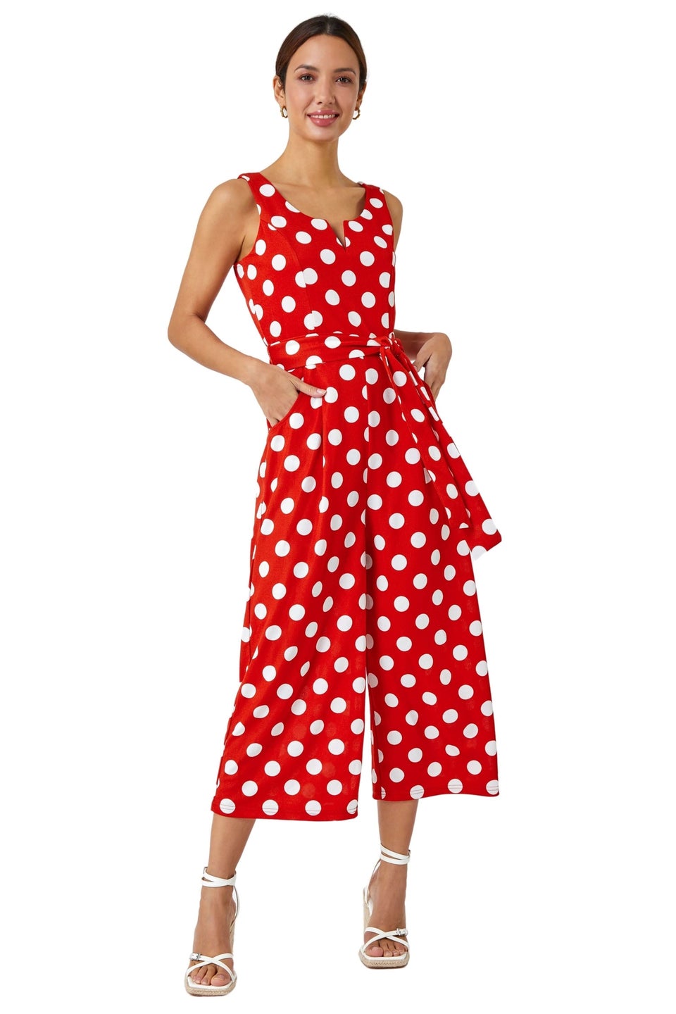 Roman Red Spot Print Belted Jumpsuit