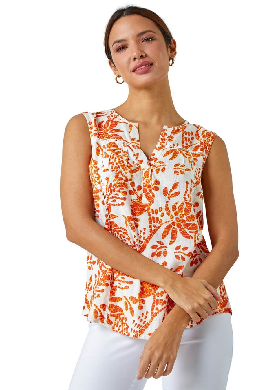 Roman Orange Sleeveless Floral Print Vest