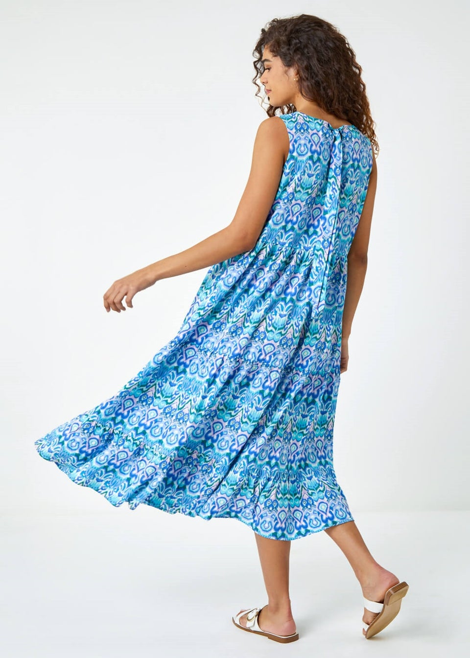 Roman Aqua Sleeveless Aztec Print Smock Midi Dress