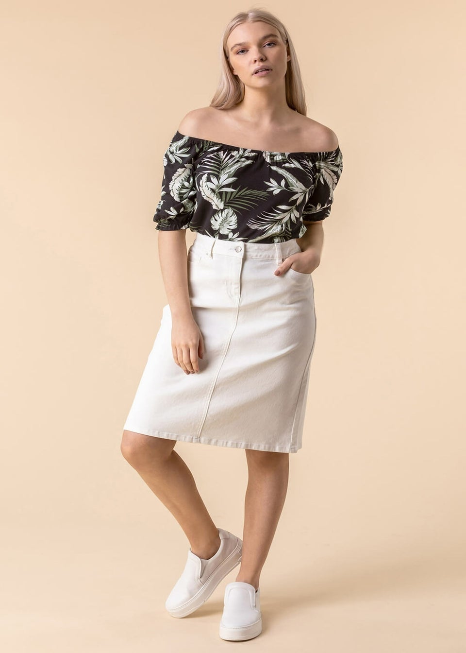 Roman White Cotton Denim Stretch Skirt