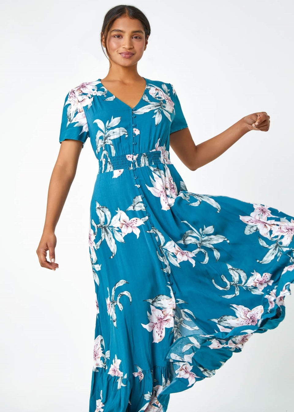 Roman Teal Floral Print Shirred Waist Maxi Dress