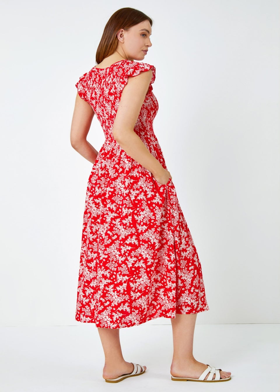 Roman Red Floral Print Shirred Midi Dress