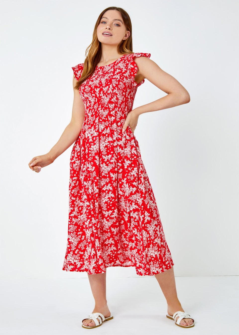 Roman Red Floral Print Shirred Midi Dress