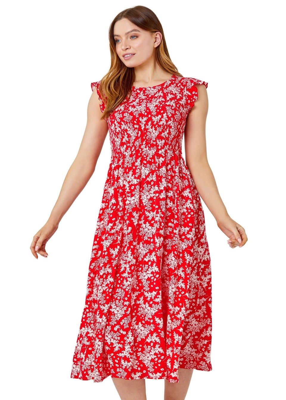 Roman Red Floral Print Shirred Midi Dress