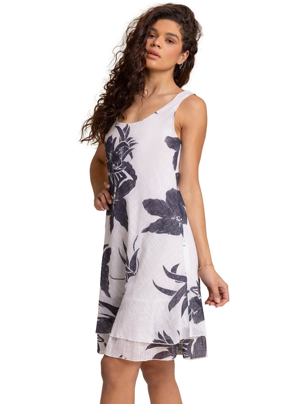 Roman White Floral Print Layered Fit & Flare Dress