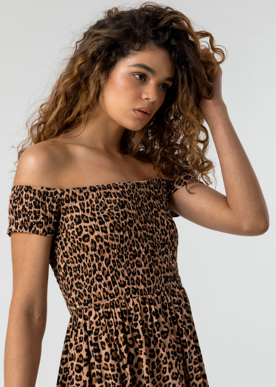 Roman Brown Shirred Leopard Print Bardot Dress