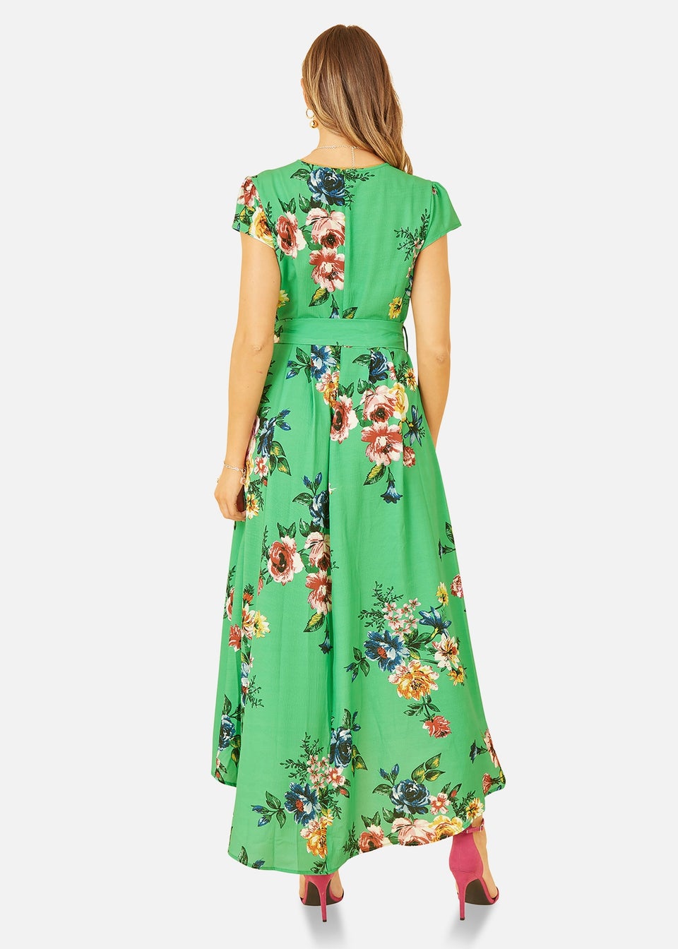 Mela Green Bright Floral Dip Hem Wrap Midi Dress