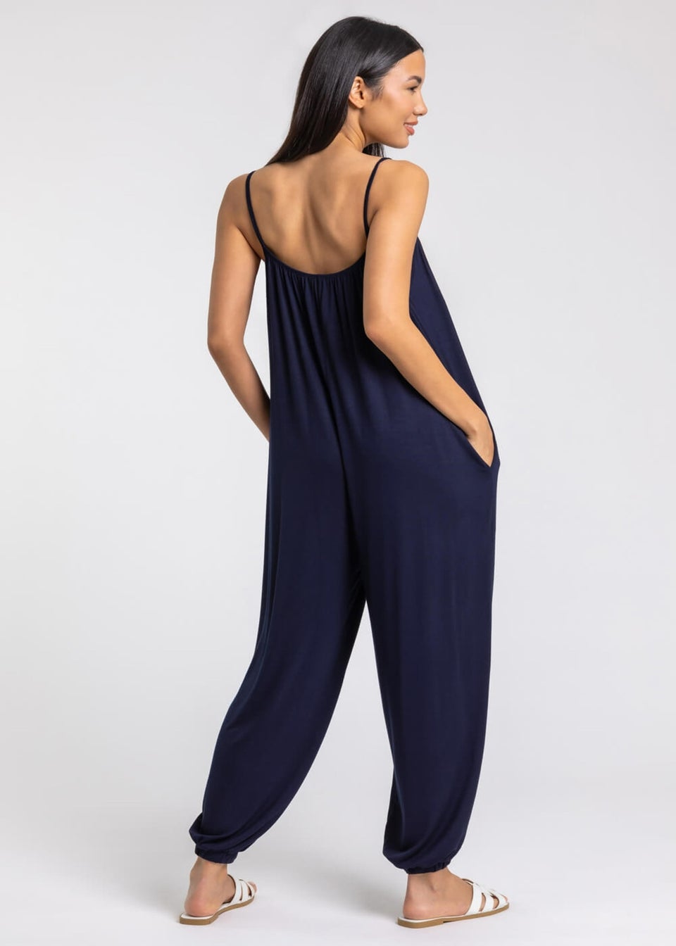 Roman Navy Strappy Full Length Jersey Jumpsuit