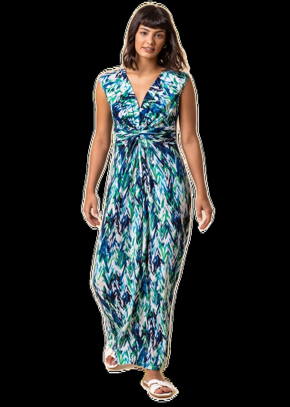 Roman Green Abstract Print Twist Front Maxi Dress