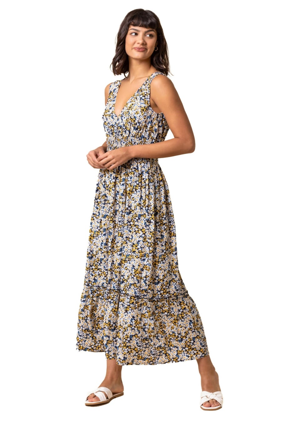 Roman Multi Ditsy Floral Shirred Waist Midi Dress Matalan