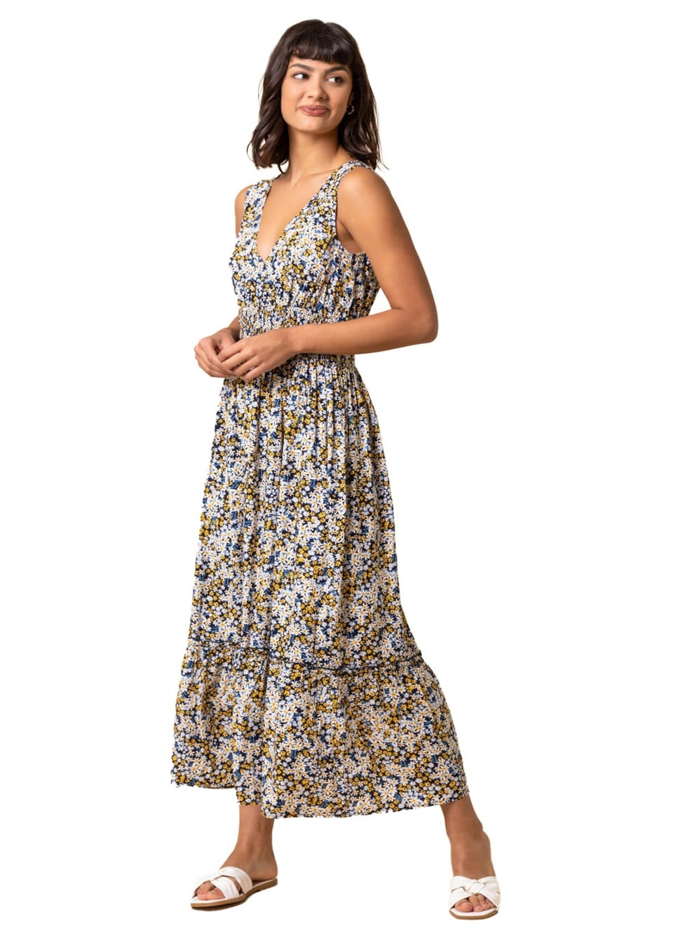 Roman Multi Ditsy Floral Shirred Waist Midi Dress