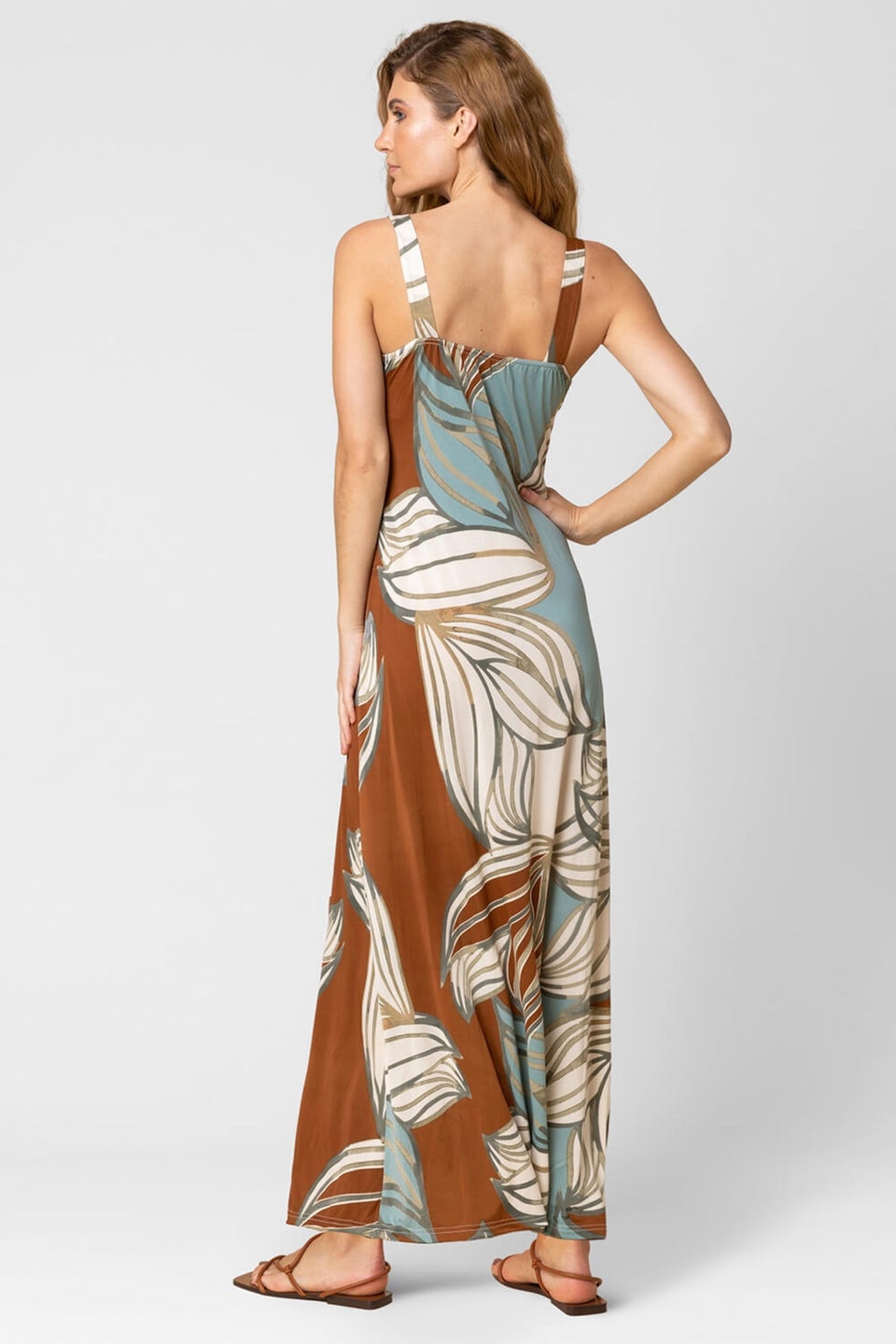 Roman Blue Abstract Leaf Print V Neck Maxi Dress