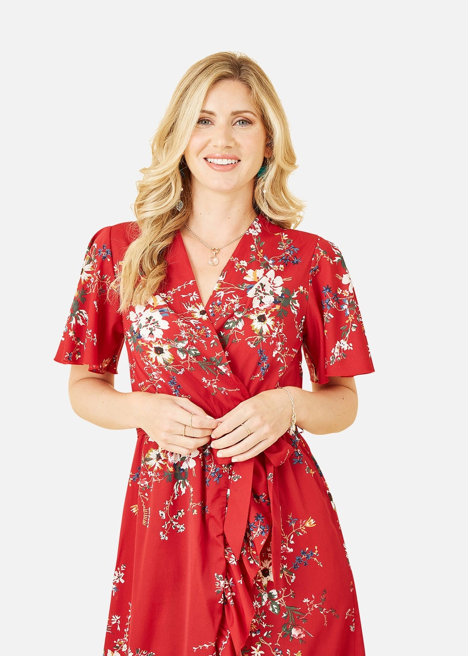 Mela Red Floral Dip Hem Wrap Midi Dress Matalan