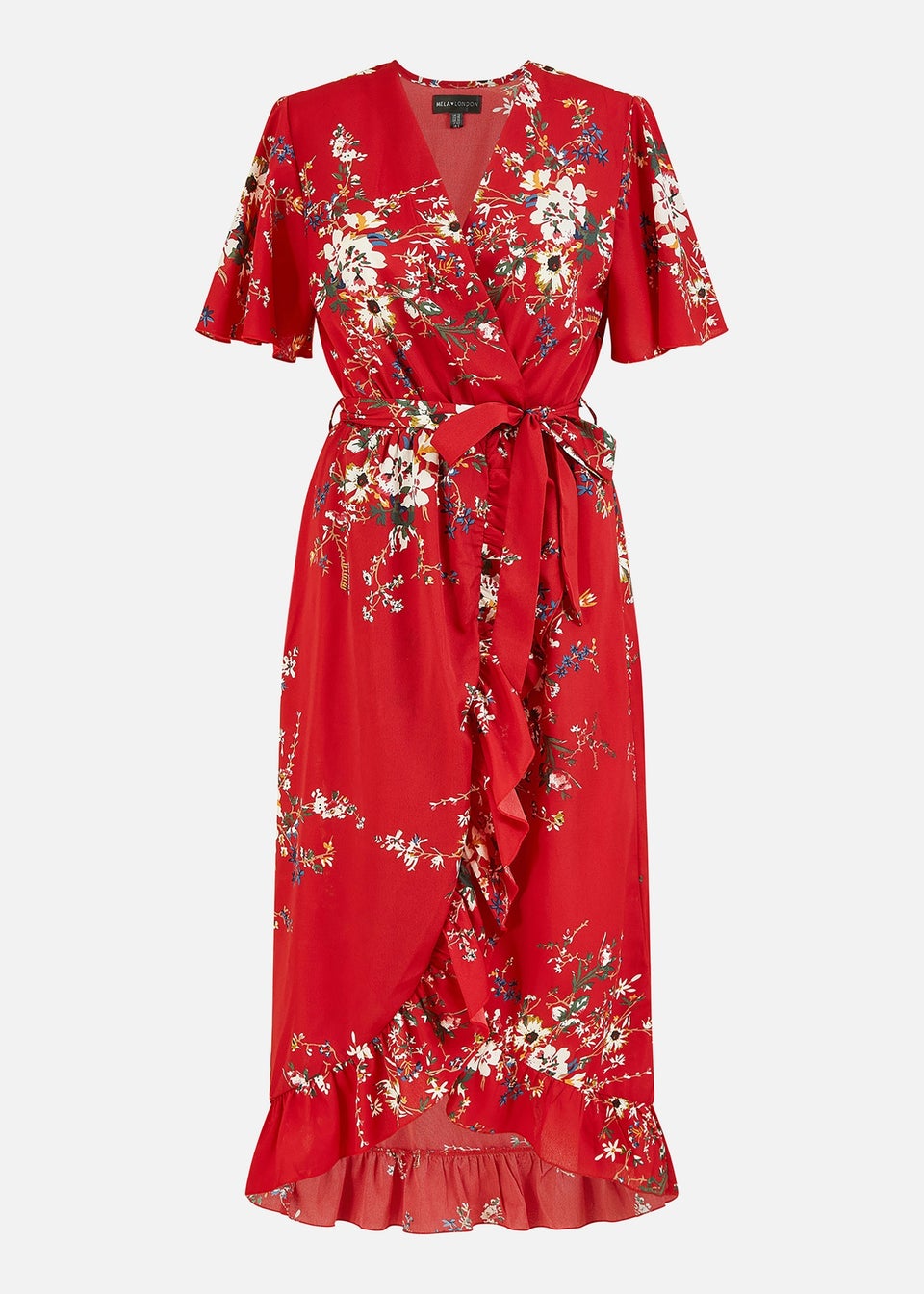 Mela Red  Floral Dip Hem Wrap Midi Dress