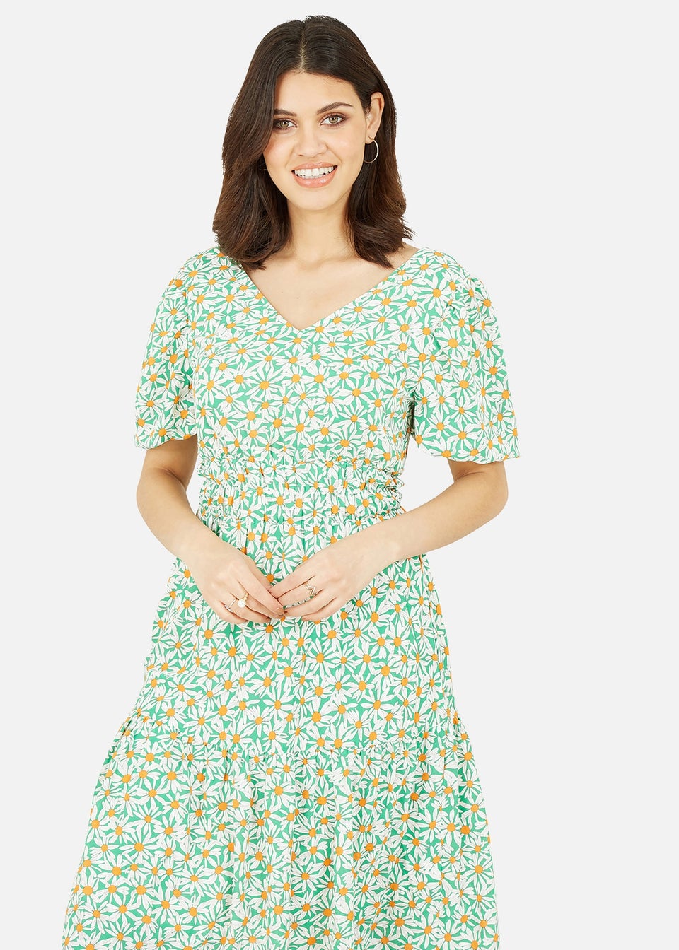 Mela Green Daisy Ruched Dress With Puff Sleeves