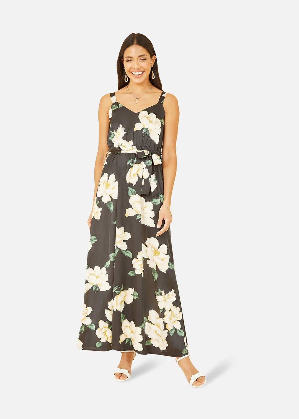 Mela Black Satin Floral Print Maxi Dress