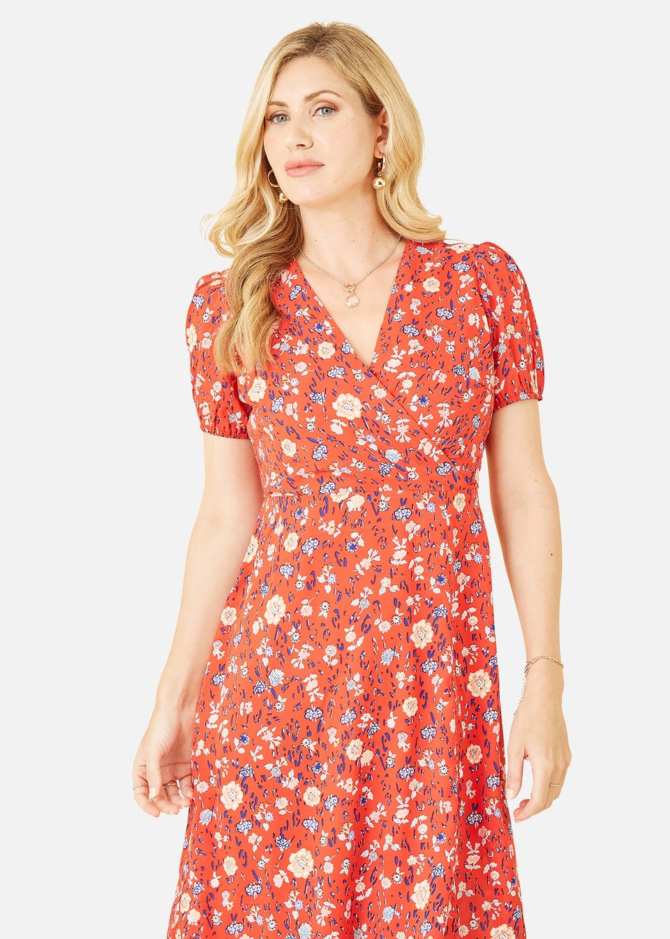 Red floral midi tea dress hotsell