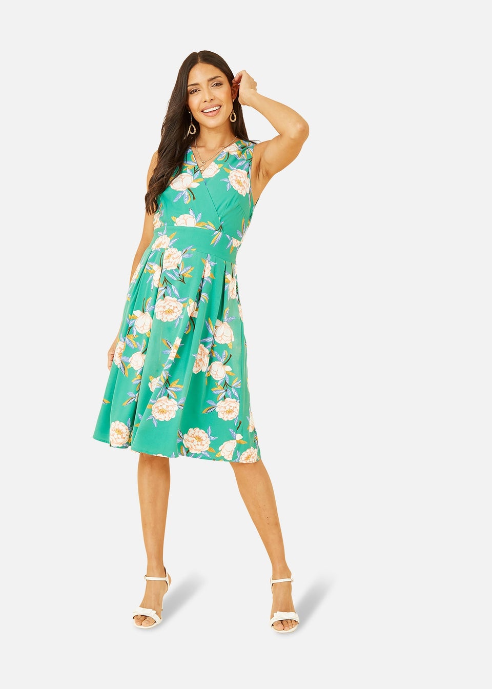 Mela Green Floral Wrap Over Sleeveless Skater Dress