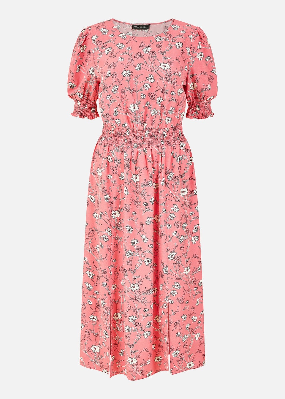 Mela Pink Floral Print Ruched Waist Midi Dress