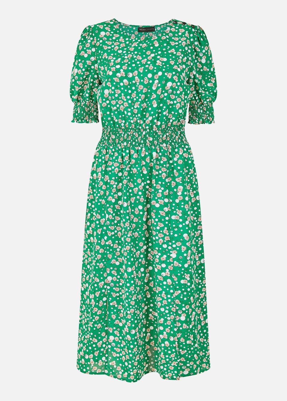 Mela Green Floral Print Ruched Waist Midi Dress