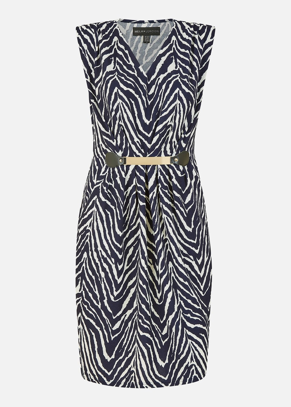 Mela Navy Zig Zag Jersey Pocket Dress With Gold Bar Detail