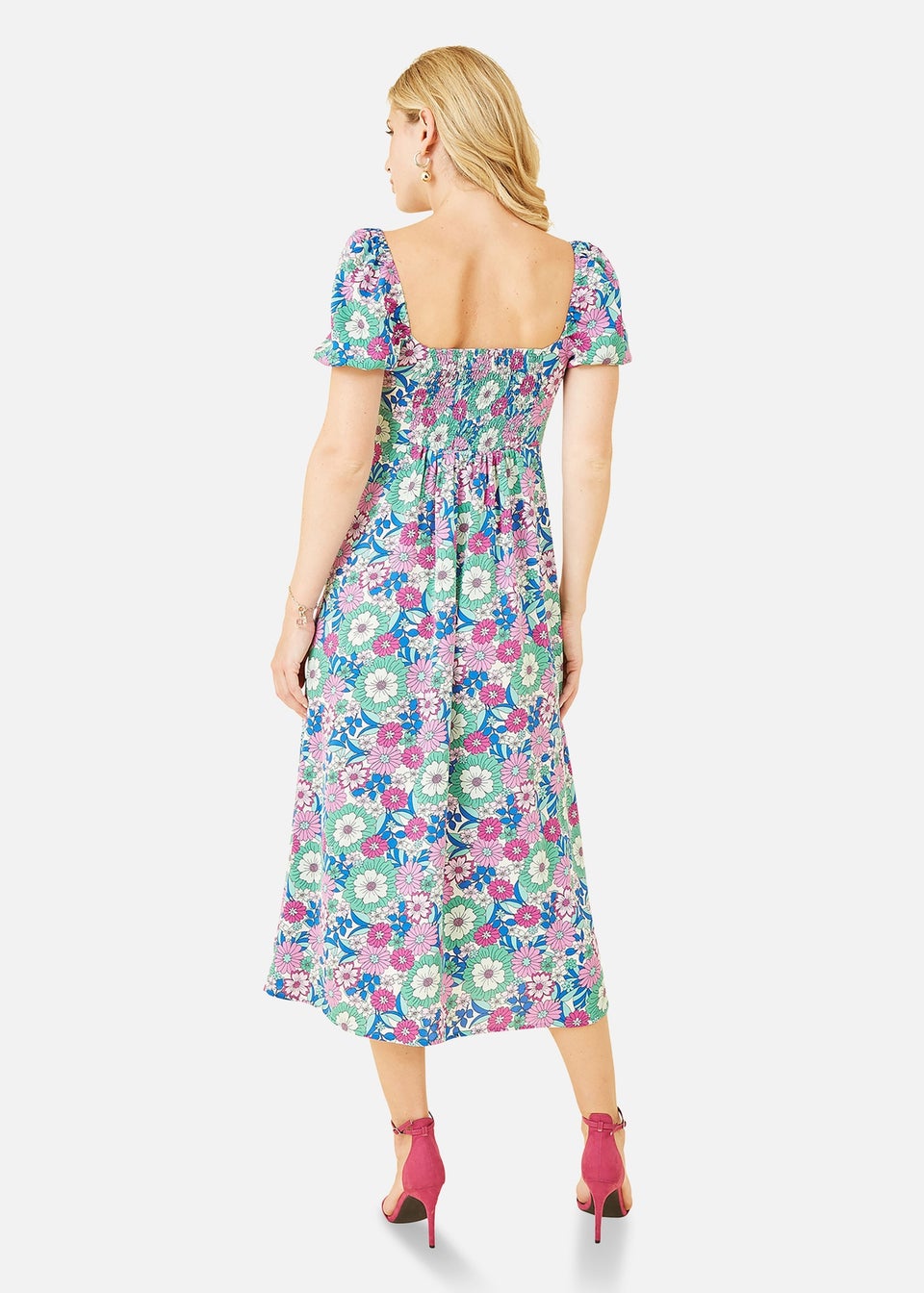 Mela Pink Retro Flower Print Puff Sleeve Midi Dress - Matalan