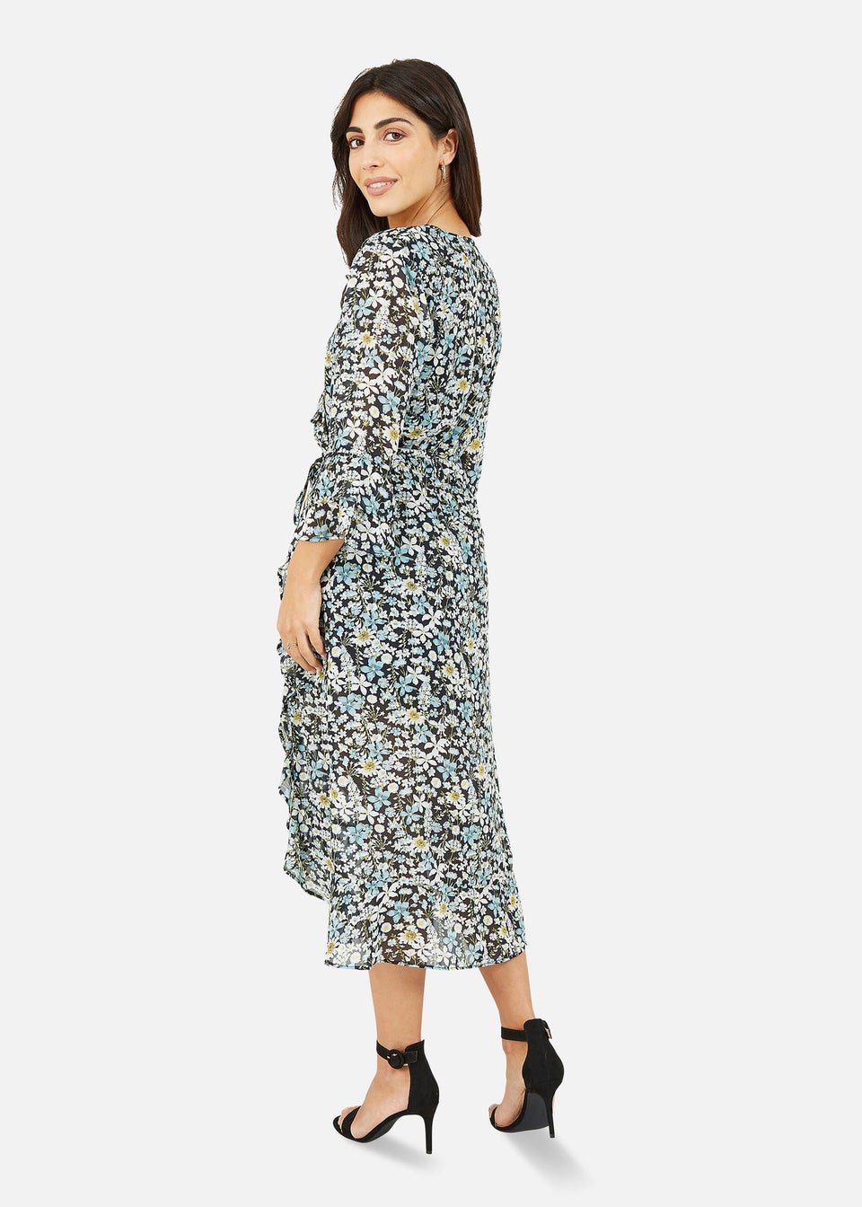 Yumi Black Recycled Vintage Meadow Floral Print Chiffon Midi Wrap Matalan