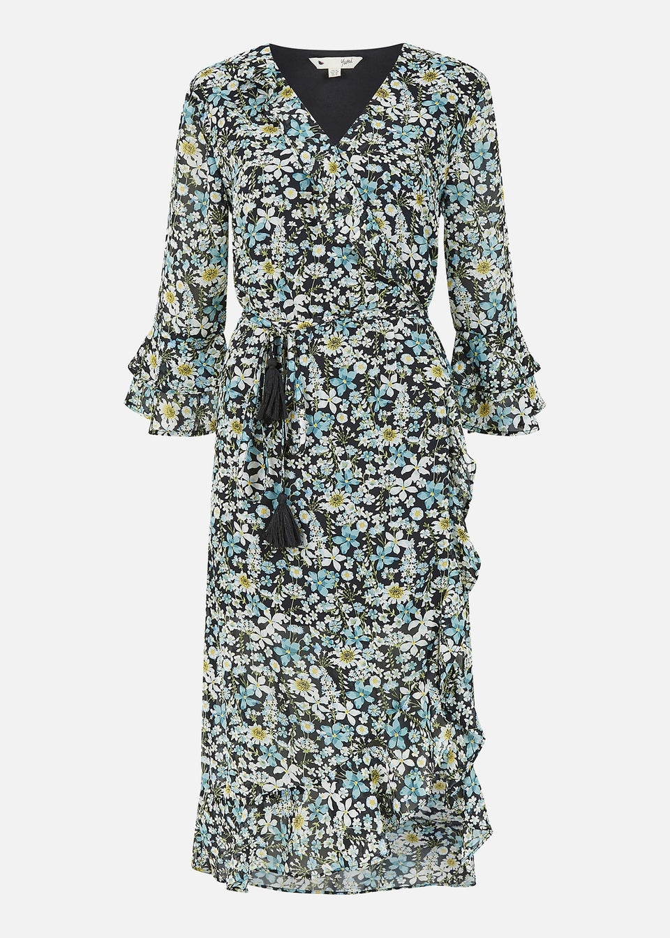 Yumi Black Recycled Vintage Meadow Floral Print Chiffon Midi Wrap Matalan