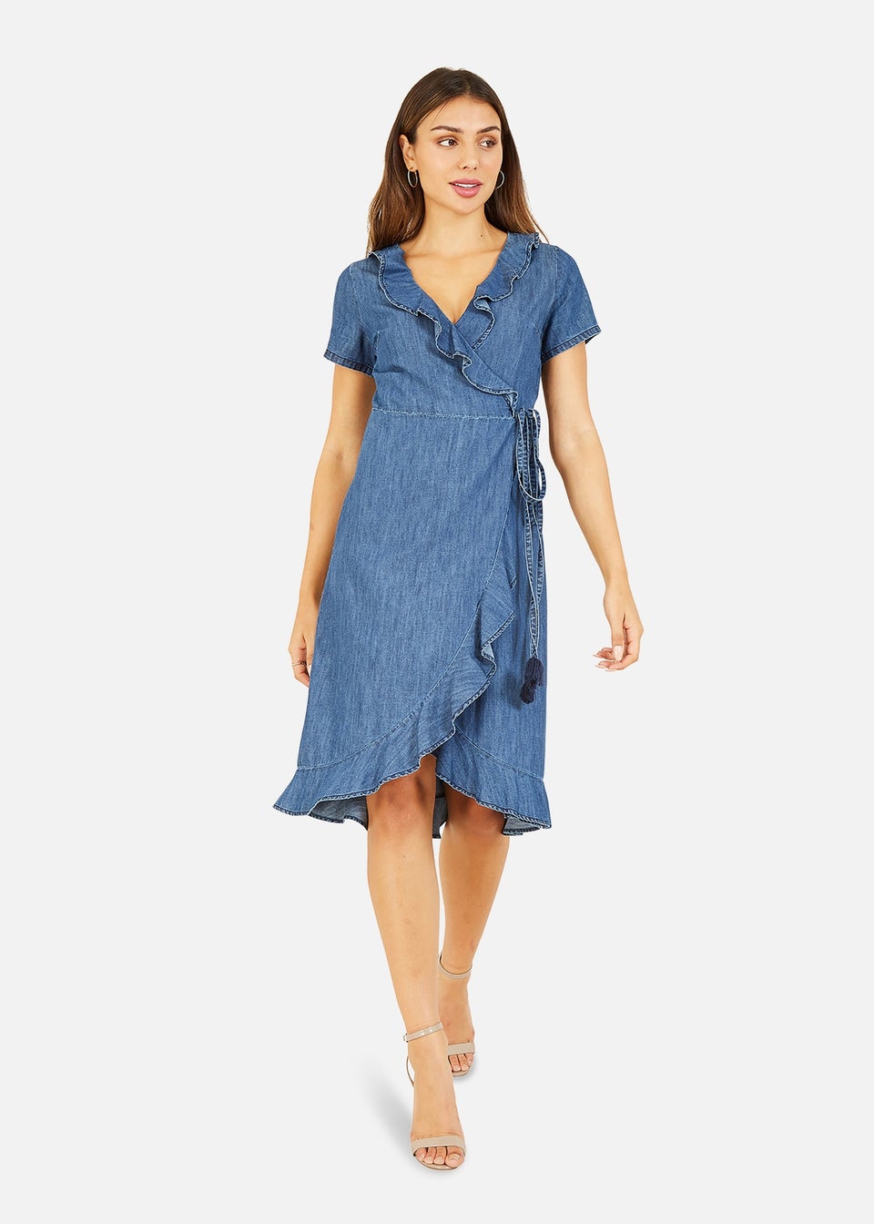 Yumi Blue Cotton Denim Wrap Dress Matalan