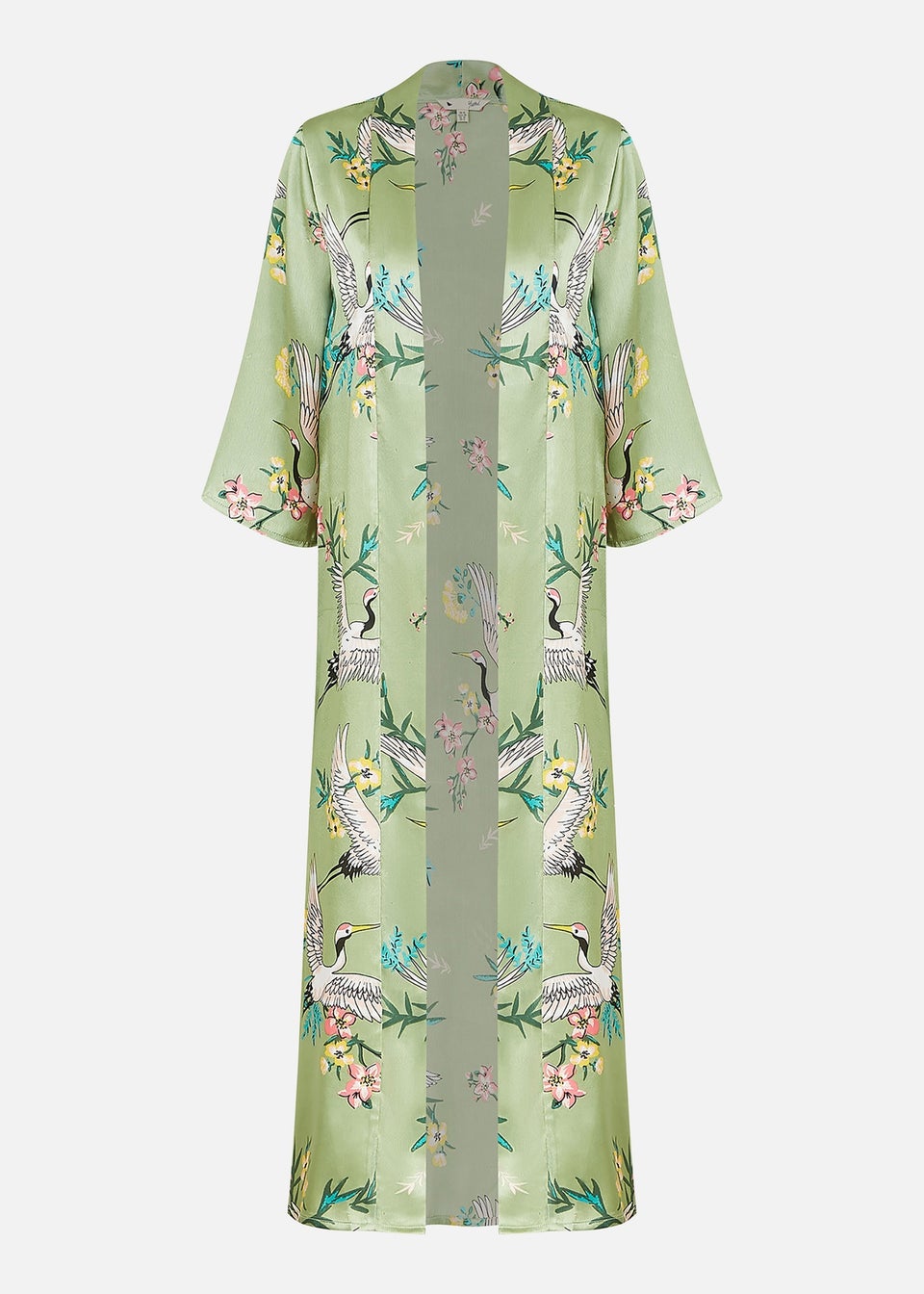 Yumi Khaki Crane Satin Kimono